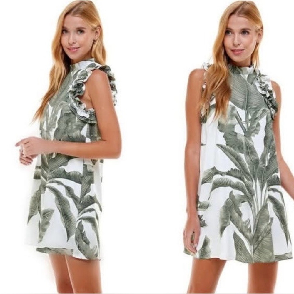TCEC palm tree Green and White Flutter Sleeve Mini Sundress